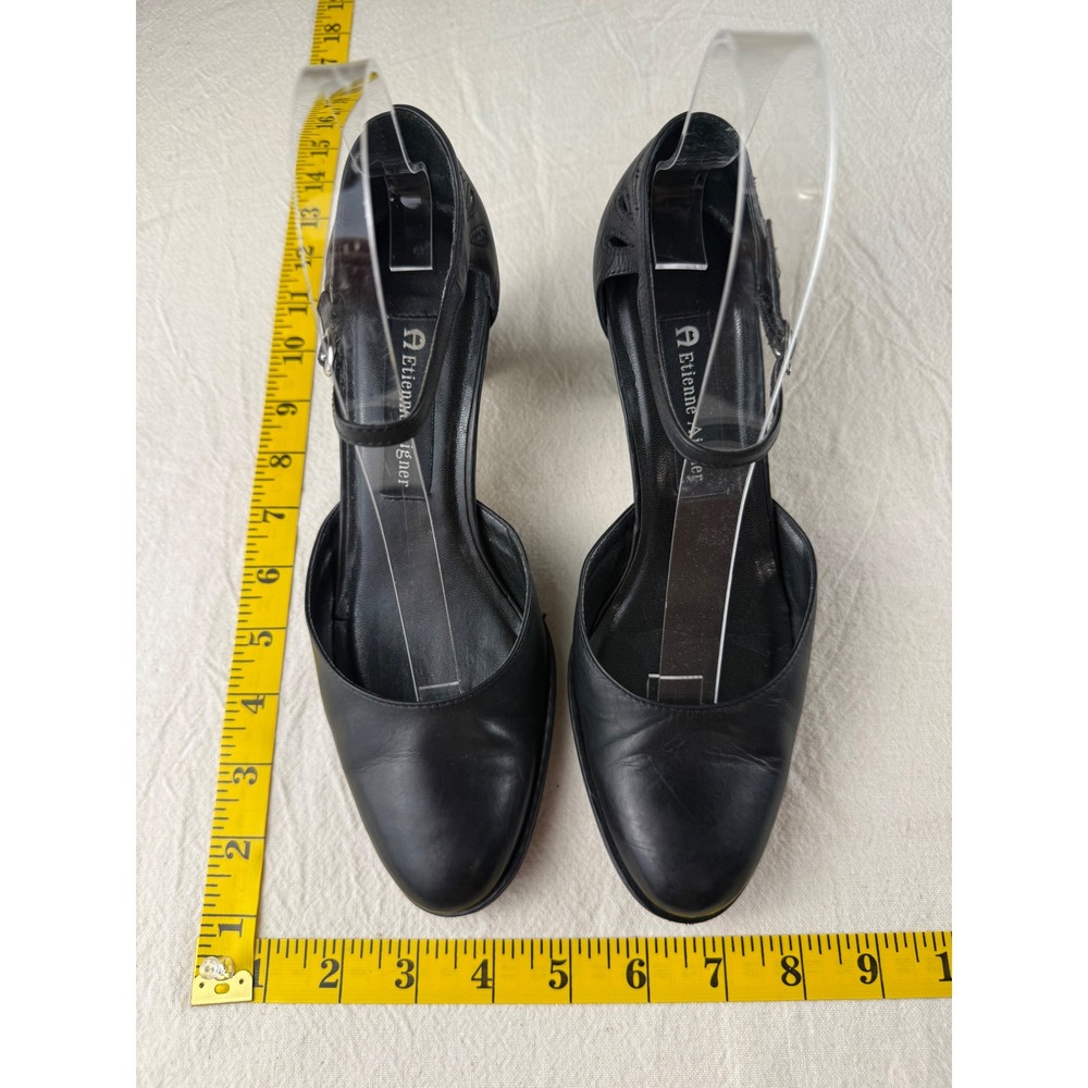 Etienne Aigner Vintage Vow Pumps 7M Black Leather Ankle Strap Block Heel D'Orsay